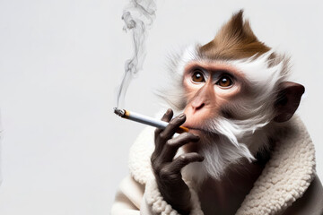 monkey smokes cigarette on a white background - obrazy, fototapety, plakaty