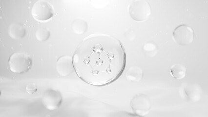 molecule inside bubble on blue background, concept skin care cosmetics solution. 3d rendering.	