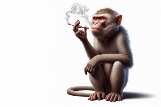 monkey smokes cigarette on a white background