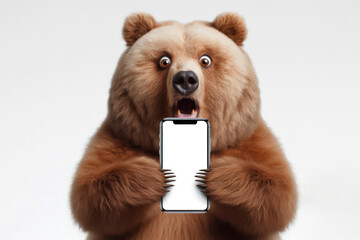 Shocked real Bear holding smartphone with white mockup screen on white background