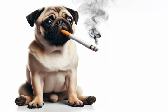 Pug dog smokes cigarette on a white background