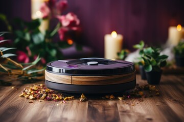 Elegant round vacuum cleaner on a wooden table with flowers and candles in the background
