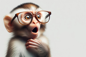 Surprised monkey wear glasses on white background copy space - obrazy, fototapety, plakaty