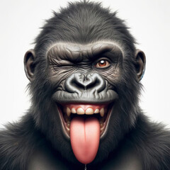 a gorilla winking and sticking out tongue