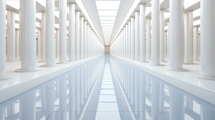 Long corridor with columns and light at end, futuristic, built structure, end, wall, architecture