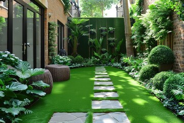 small modern patio garden with artificial grass and rattan furniture inspiration ideas