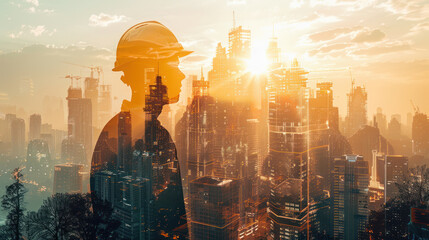 Man Standing in Front of City Skyline - obrazy, fototapety, plakaty