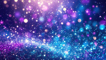 Fototapeta na wymiar Magical glittering particles in blue and purple, fantasy background..