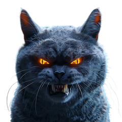 A grey British shorthair cat with sharp teeth, glowing eyes and fangs