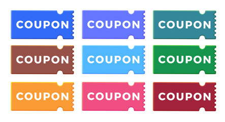 Set of 3d special promotional vector coupons. Coupon set, minimal discount coupon, gift voucher, coupon book. Voucher card isolated on white background. 3d vector illustration. Vector illustration