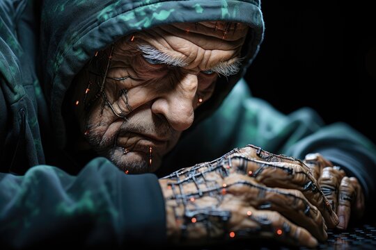 Elderly man reflecting on life and the universe in a retro futuristic setting