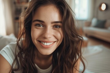Young beautiful woman smiling at camera while relaxing at home	