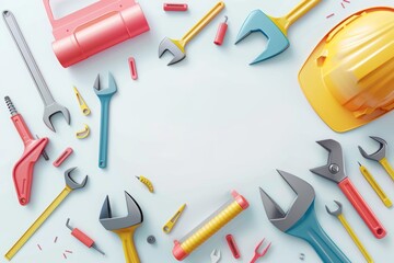 "Happy Labour Day". The text features vector illustration tools and a banner design on a white background. A happy studio scene shows construction working tools and a helmet.