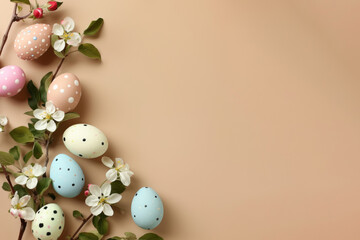 Easter background with eggs and apple blossoms on a beige background. A place to copy. Flat position, top view