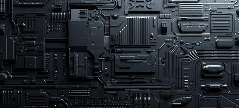 Dark color Scifi design external panels abstract. Wide format. Hand edited generative AI.