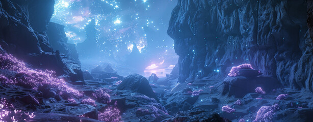 Mystical alien landscape with glowing flora and ethereal lights against dark rocky terrains under a starry sky. Ideal for wallpapers or panoramic views. - obrazy, fototapety, plakaty