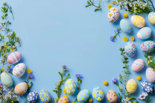 Horizontal Easter banner with eggs and wildflowers on a light blue background. A place to copy. Flat image, top view