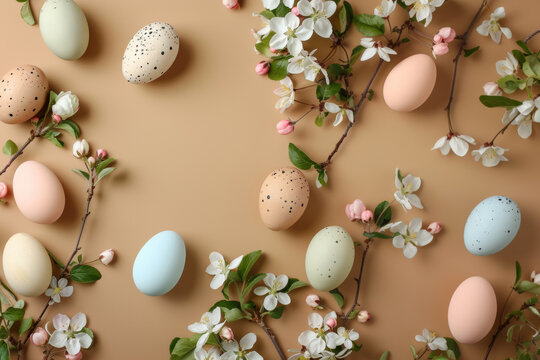 Easter background with eggs and apple blossoms on a beige background. A place to copy. Flat position, top view.