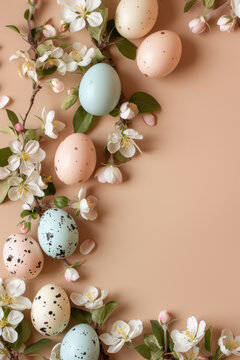 Easter background with eggs and apple blossoms on a beige background. A place to copy. Flat position, top view.