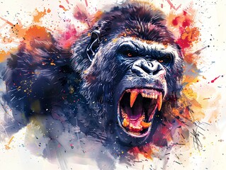 A wild kingkong in full roar, charging directly towards the camera with a fierce expression. The image is captured in a dynamic watercolor style