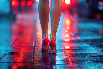 female legs in high-heeled red shoes of woman prostitute on street at night