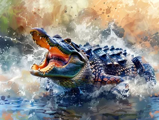Zelfklevend Fotobehang The crocodile roared in full. Charges sideways in front of the camera with a ferocious expression. The image was captured in a dynamic watercolor style. © srattha
