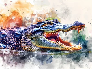 Poster The crocodile roared in full. Charges sideways in front of the camera with a ferocious expression. The image was captured in a dynamic watercolor style. © srattha