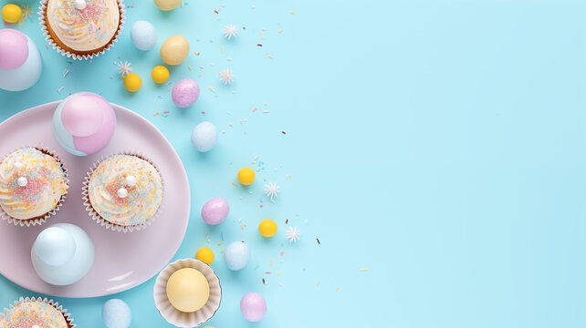 Easter background with cupcakes and Easter eggs on a light blue background. Space for copying. Flat lay, top view