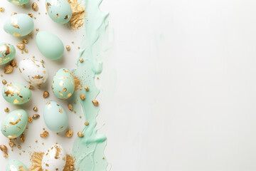 Banner with Easter blue and golden eggs on a white background. A place to copy. Flat layout, top view.