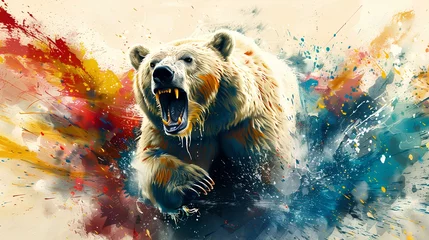 Foto op Aluminium The white bear roared in full. Charges sideways in front of the camera with a ferocious expression. The image was captured in a dynamic watercolor style.  © srattha