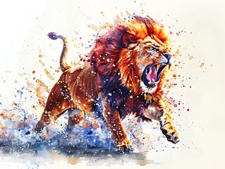 A wild fire Lion in full roar, charging directly towards the camera with a fierce expression. The image is captured in a dynamic watercolor style