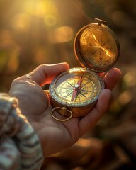 Hand holding a compass, antique style, warm sunlight, 