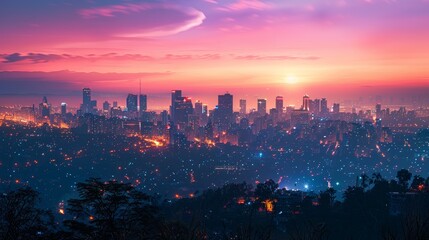 Detailed city skyline at dusk with twinkling lights, urban realism in long exposure photography