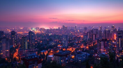 Twilight cityscape panorama blending nature and architecture with sparkling lights