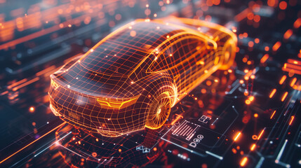 "Futuristic Auto Engineering"
A striking orange wireframe representation of a modern car set against a vibrant circuit board background showcases cutting-edge automotive technology and design.
