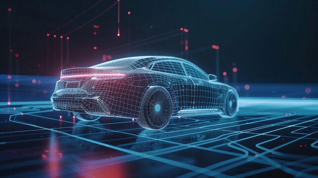 "Autonomous Vehicle Blueprint"
A high-tech wireframe of an autonomous sedan glows with a neon blue hue, illustrating futuristic vehicle design and smart navigation systems on a dynamic grid.