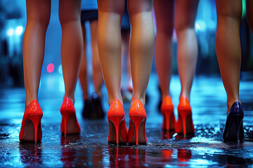 legs of a crowd of prostitute girls in miniskirts and high heels at night on street