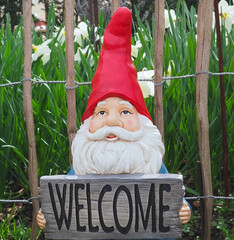 Funny Garden dwarf with a red pointed hat holding a welcome sign