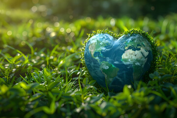 Earth formed as a heart with grass growing on it, standing in a patch of lush green grass