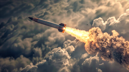 A rocket, a bullet flying at close range, leaving a mass of smoke behind - obrazy, fototapety, plakaty