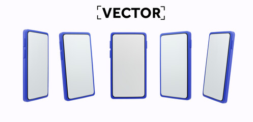 3D smartphone vector mockup. Set of 3d rendered borderless smartphones, blank screen, isolated on white background. Smartphone icon set. 3d Vector illustration. Vector illustration