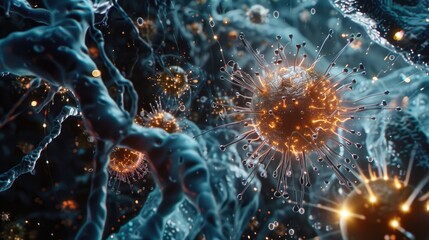 Hyper-realistic view inside a human body, showing nano-bots fighting a virus, illuminated by bio-luminescent light