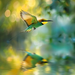 Vibrant Bee-Eater Bird in Mid-Flight Over Water