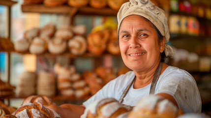 Mature Latina baker with bread joyful culinary environment - obrazy, fototapety, plakaty