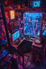 Detailed and atmospheric cyberpunk apartment, cluttered with retro-tech and overlooking a neon abyss
