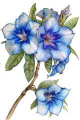 Adenium has blue flowers with slightly white edges, emphasizing its beauty. Delicate watercolor painting, transparent, no background,generate ai