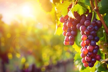 bunch of red grapes ripening to perfection under the tender care of nature - obrazy, fototapety, plakaty