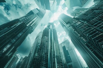 Detailed image of a futuristic biopunk cityscape, where skyscrapers are alive and breathing under a moody sky - obrazy, fototapety, plakaty