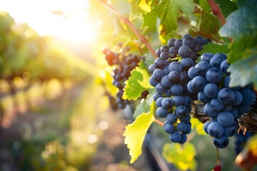 the vineyard basks in the golden glow of twilight, blue grape cluster ripens to a perfect blush - obrazy, fototapety, plakaty