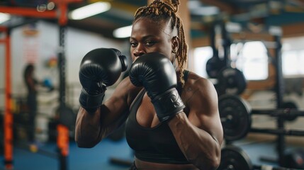 A female boxer training in the gym, portraying dedication and challenging traditional gender roles. - Powered by Adobe